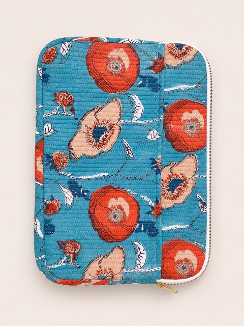 Advik Floral Quilted Cotton Laptop Sleeve Zipper Tablet Pouch Soft Lightweight 13-15" Eco-Friendly Carry Bag Office Travel Gift