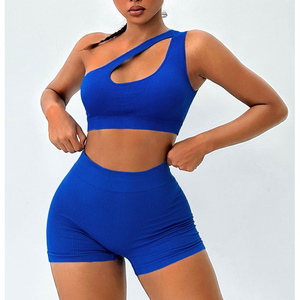 <b>Blue</b> Sportswear Wholesale Gym Clothes High Impact One Shoulder <b>Bra</b> Women Yoga Sets Women Sports <b>Bra</b> and Shorts Set Sports Set - Product Image 1
