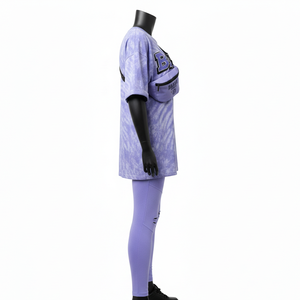 Ensemble de vêtements de sport en coton mauve premium 300GSM, leggings 260GSM, panneau en PVC irisé, logo personnalisé par transfert thermique - Product Image 3