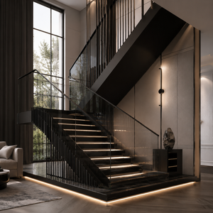 Modern black luxury stair railing with glass panels and vertical balusters for villa hotel and home interiors - Product Image 2