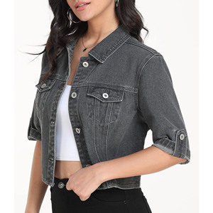 Easy to Wear Turn Down Collar Long Sleeves with button cuffs <b>single</b> button regular size cropped denim jacket women's - Product Image 4