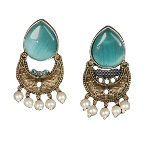 Blue Stone Pearl Drop Earring | Antique Gold Boho Dangle Earrings for Women | Brass Ethnic Jewelry Manufacturer Bulk Supplier - Product Image 1