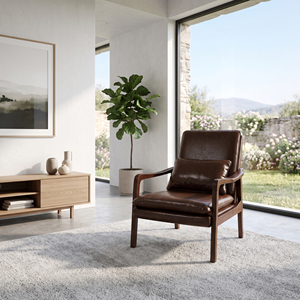 Fauteuil en cuir marron avec pieds en bois, style mid-century modern, pour salon, meubles MT, garantie 3 ans, rembourrage en mousse - Product Image 2