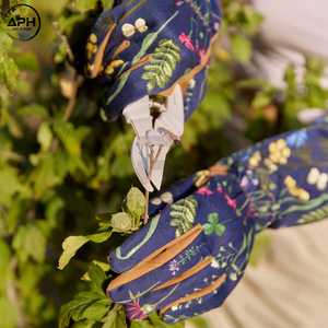 Blue Wildflower Print <b>Long</b> Sleeve Gardening <b>Gloves</b> Brown Suede Palm Extended Gauntlet Protective Shield For Yard Care - Product Image 5