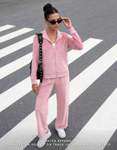 <b>Women's</b> Pink <b>Velour</b> Velvet 2 in 1 Lightweight Sports <b>Tracksuit</b> Set with Zip Track Jacket and Wide Leg Pants - Product Image 5