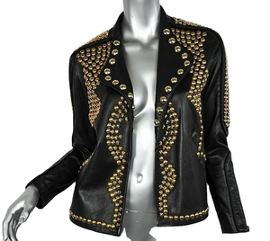 Custom Gold Studded Steampunk Leather <b>Jacket</b> for Women, Genuine Leather Fashion <b>Biker</b> <b>Jacket</b> - Product Image 1