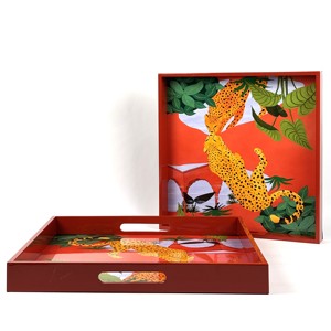 Quảng Trường <span class=keywords><strong>MDF</strong></span> sơn mài khay với rừng Cheetah in handmade Glossy trang trí khay gỗ để phục vụ, ăn uống, hoặc hiển thị nhà - Product Image 2