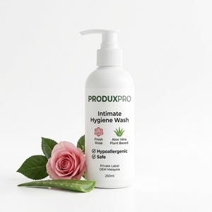 ProduxPro Marca Privada OEM Malasia, Lavado Íntimo Femenino a Base de Aloe Vera y Rosa Fresca, Hipoalergénico y Seguro - Product Image 1
