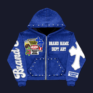 Multi <b>Patch</b> <b>Cross</b> Graphic Studded Pocket Rhinestone Zip Hoodie Durable High Quality Breathable Customizable - Product Image 5