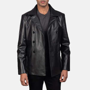 Veste en cuir véritable noire pour homme, style tendance, col rabattu, double boutonnage, vêtement décontracté pour l'automne - Product Image 1