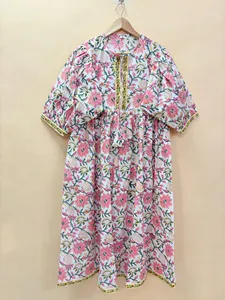 Bohemian White Pink Floral Block Print Cotton Midi <b>Dress</b> Vintage Puff Sleeve <b>Loose</b> Fit Tie Neck Summer <b>Dress</b> For Women - Product Image 1
