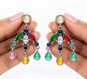 Pendientes Colgantes de Plata Oxidada con Cristales de Colores, Pendientes Vintage con Gemas Ovaladas Marquise para Fiestas y Bodas - Product Image 3