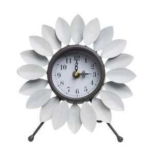Flower Shaped Table <b>Clock</b> White Petal Design Round Face Black Numbers Ornate Hands Artistic Modern Stand Elegant Contemporary - Product Image 1