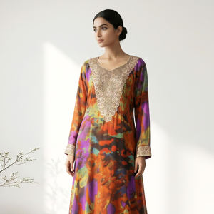 Jalabiya Georgette con Estampado de Moda y Diseño de Cuello Bordado, Vestido Kaftan Árabe para Mujer, Ropa Islámica Modesta para Fiestas - Product Image 3