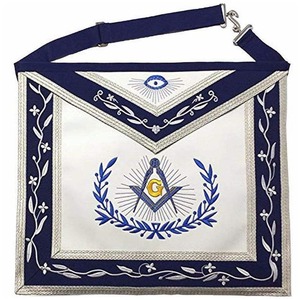 Delantal Masónico Blanco Bordado con Ribete Azul Marino, Escuadra y Compás, Diseño Floral, Regalia de Seda - Product Image 1