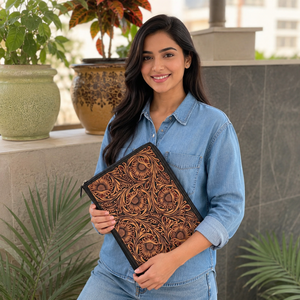 Best Seller Tooled Leather Portfolio <b>File</b> Organizer Portfolio High Quality Customized Genuine Leather Floral Document Portfolio - Product Image 3