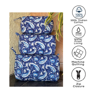 Ensemble de 3 trousses à cosmétiques en coton matelassé faites à la main à Jaipur, teinture non toxique, impression par bloc, écologiques, imperméables, durables, pour un usage quotidien - Product Image 2