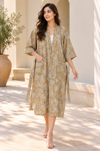 Camisón Largo Floral Ecológico Tipo Kimono para Mujer |   Bata de algodón con estampado a mano |   Cuello en V, manga larga, cierre con cordón - Product Image 5