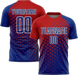 Uniforme de football de qualité supérieure pour hommes, rouge et bleu, sublimé, manches courtes, 100% polyester, séchage rapide, nom de l'équipe imprimé - Product Image 2