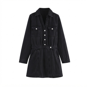 Robes en jean décontractées pour femmes, couleur bleu denim, col rabattu, boutonnées, manches longues, mini robes - Product Image 5