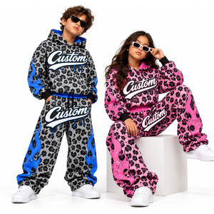 Ensemble sweat à capuche et pantalon de survêtement streetwear personnalisé pour enfants, motif léopard et floral, pour garçons et filles, vente en gros - Product Image 1