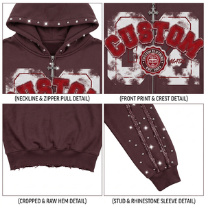 Sudadera con capucha para hombre, 450 g/m², felpa francesa, 100% algodón, con apliques de pedrería, borde deshilachado, corte holgado, estilo urbano - Product Image 4
