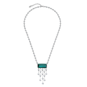 Luxury Women <b>Emerald</b> <b>Pendant</b> Necklace With Round Brilliant Cut Diamonds 925 Silver Rhodium Plated Geometric Design - Product Image 2