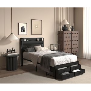 Black Metal <b>Twin</b> <b>Bed</b> <b>Frame</b> with Headboard and Storage Drawers Single <b>Bed</b> Platform <b>Frame</b> - Product Image 1