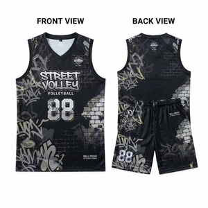 Maillot de volley-ball personnalisé pour adultes unisexe, impression numérique, polyester respirant 160 GSM, maille noire et grise, imprimé graffiti, maillot d'équipe - Product Image 1