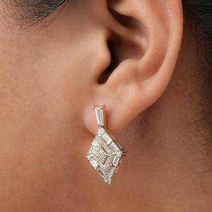 Boucles d'oreilles doubles halo en or massif 10K 14K 18K de haute qualité, faites à la main, avec des pierres baguette et rondes, fermoir à vis, originales - Product Image 5