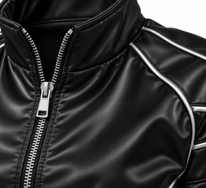 Veste en satin noir brillant pour femme, best-seller 2026, avec passepoil argenté, style rétro moto biker streetwear, col montant, usine B2B - Product Image 5