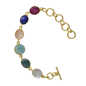 <b>Gold</b> Plated Brass <b>Beaded</b> Chain <b>Bracelet</b> with Multi Color Freshwater Quartz Stones Bohemia Style Unisex Jewelry Gift - Product Image 2