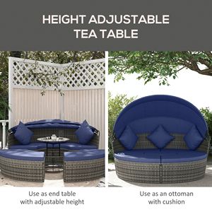 Set da Giardino in Rattan Blu a 4 Pezzi: Divano Letto da Esterno con Baldacchino, 2 Sedie, Tavolo Allungabile e Pouf, Include Cuscini - Product Image 6