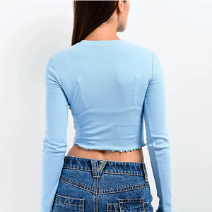 Trendy Wholesale Ribbed Knit Cutout Flower Crop <b>Top</b> Long Sleeve Slim Fit Custom Logo Casual Fashion women's shirt Wholesale - Product Image 2