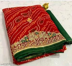 Sari en Georgette Imprimé Exquis avec Broderie de Designer et Blouse Non Cousue en Soie Monofilament Brodée Assortie - Product Image 6