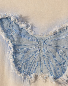 T-shirt en jean avec appliqué papillon pour femme, col rond en coton, manches courtes, décontracté, haut d'été, patchwork effiloché, graphique, logo personnalisé - Product Image 6