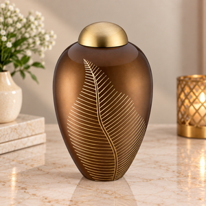 Urne Funéraire Plume de Paon en Cuivre Marron Métallique avec Incrustation de Veines Dorées, Couvercle Dôme Arrondi et Corps Lisse pour Cendres Commémoratives - Product Image 1
