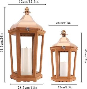 Farol Decorativo de Madera con Tapa de Metal Dorado, Farol de Vidrio Rústico Estilo Granja para Decoración del Hogar y Bodas - Product Image 4
