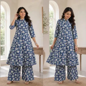 Ensemble Kurta Plazo pour femmes, bleu, en coton, imprimé floral, coupe trapèze, manches trois quarts, col rond, tenue traditionnelle ethnique décontractée, deux pièces - Product Image 3