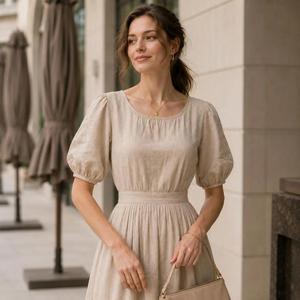 <b>Vintage</b> Women Beige Linen Midi <b>Dress</b> O-Neck Puff Sleeve A-Line Loose Fit Bohemian Casual <b>Summer</b> Maxi <b>Dress</b> - Product Image 4