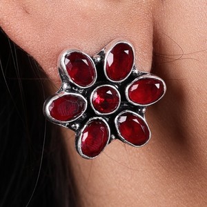 Trendy Antique <b>Silver</b> Brass Multi Stone Flower <b>Stud</b> Earrings Wholesale | Indian Ethnic Boho Manufacturer | Factory Direct Supply - Product Image 4