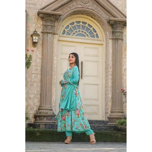 DISEÑADOR CHINON ESTAMPADO TRABAJO CON CUELLO PATRÓN VESTIDO INFERIOR CON DUPATTA VERDE MAR - Product Image 5