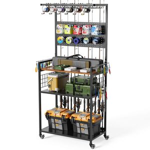 Chariot de rangement multi-niveaux à roulettes pour cannes à pêche avec support pour moulinets et équipement de pêche - Product Image 1
