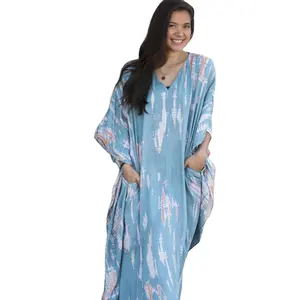 Ramadan Lebaran Kaftan Dubai Abaya ukuran bebas dasi India dicetak panjang ukuran bebas Kaftan gaun pakaian santai dengan harga murah
