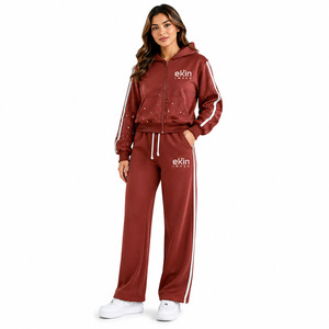 Ekin Impex Men's <b>Maroon</b> Hooded Sweatsuit Set Solid Color Stripe Design Casual Wear Autumn Season 100% Cotton Fleece Fabric - Product Image 3