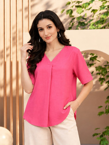 Blusa rosa con cuello en V para mujer, manga corta, corte holgado, top liso de verano, ropa elegante para oficina - Product Image 5