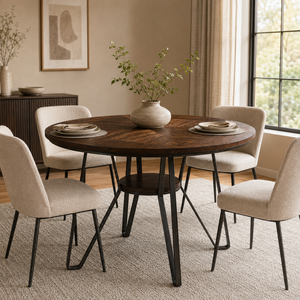 Table ronde moderne avec plateau en placage de bois géométrique MDF, structure et pieds en fer, table en bois - Product Image 4