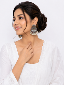 Oxidized Silver-Plated Bell Shape Charm Earrings Bezel Setting Zircon Women Indian Boho Ethnic <b>Wedding</b> - Product Image 3
