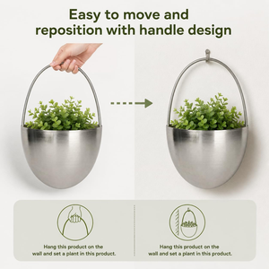 Silver Metal <b>Wall</b> <b>Hanging</b> <b>Planter</b> Pots with Arched Handles | Modern Oval Stainless Steel Finish Plant Holders for <b>Indoor</b> Outdoor - Product Image 4