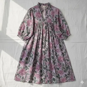 Robe midi bohème en coton à imprimé floral pour femmes, avec manches bouffantes, coupe ample, col en V, robe d'été décontractée - Product Image 3